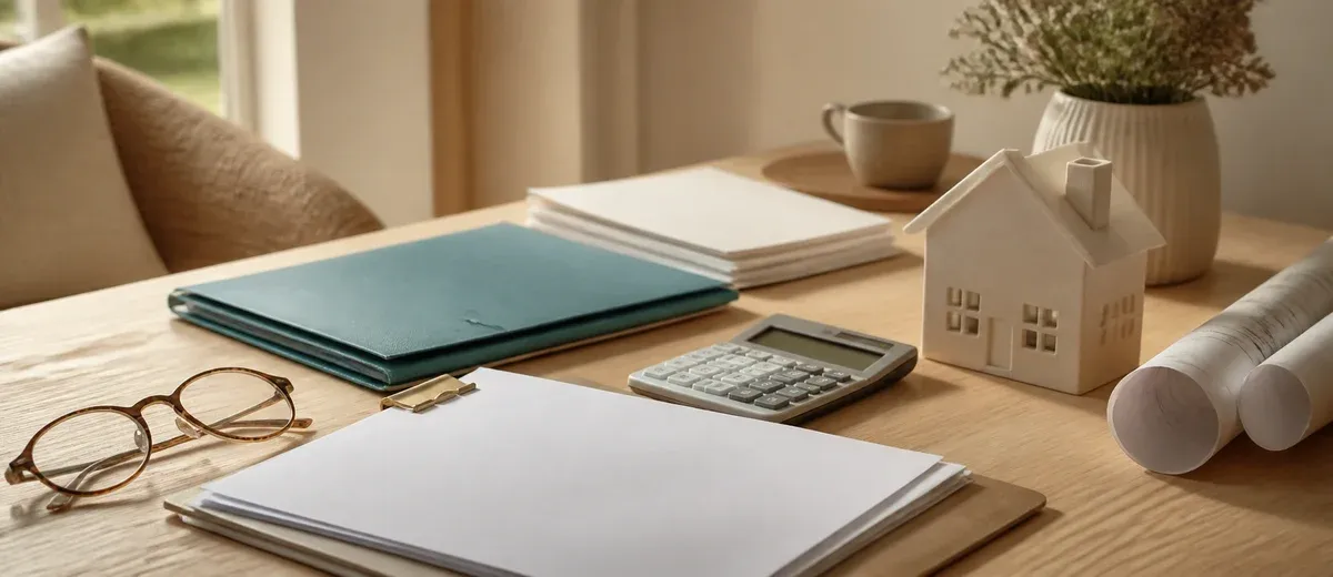 Dossier, calculatrice et maquette de maison pour préparer une demande d’aide