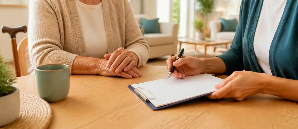Échange à domicile autour d’un dossier d’évaluation pour l’APA