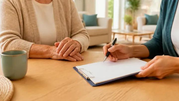 Échange à domicile autour d’un dossier d’évaluation pour l’APA