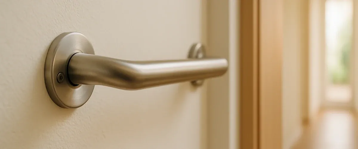Barre d’appui solidement fixée sur le mur d’une douche accessible