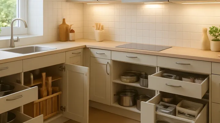Cuisine lumineuse avec rangements bas accessibles et tiroirs ouverts