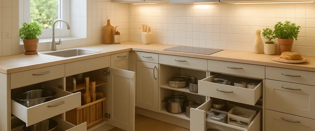 Cuisine lumineuse avec rangements bas accessibles et tiroirs ouverts