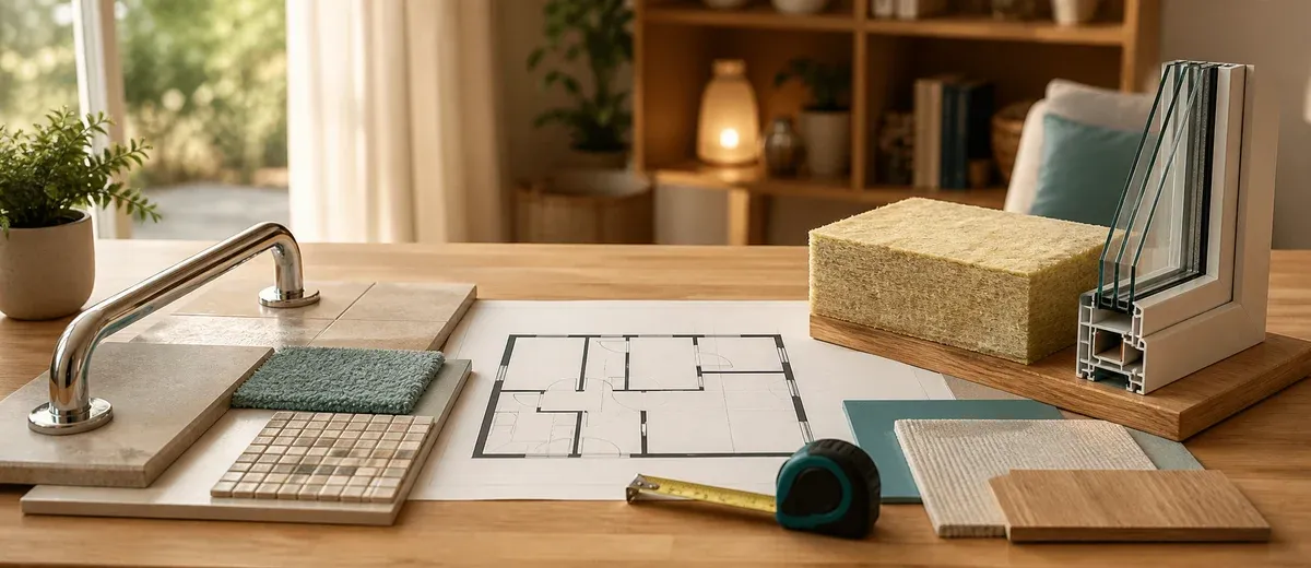 Plan de logement entouré d’échantillons d’accessibilité et d’isolation
