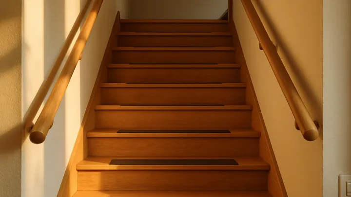 Escalier intérieur bien éclairé avec deux mains courantes continues