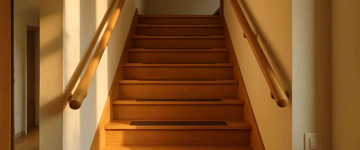 Escalier intérieur bien éclairé avec deux mains courantes continues