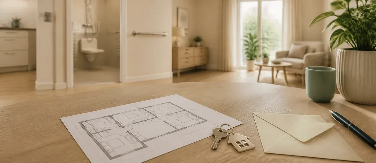 Plan d’un appartement, clés et enveloppe devant un logement accessible