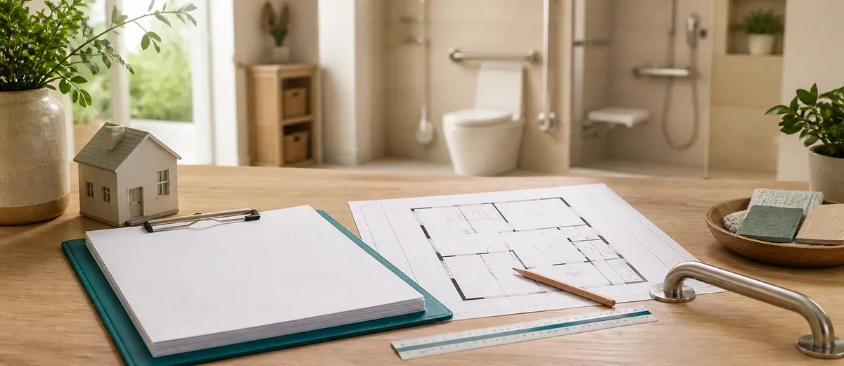 Dossier de demande, plan de logement et barre d’appui devant une salle de bain adaptée
