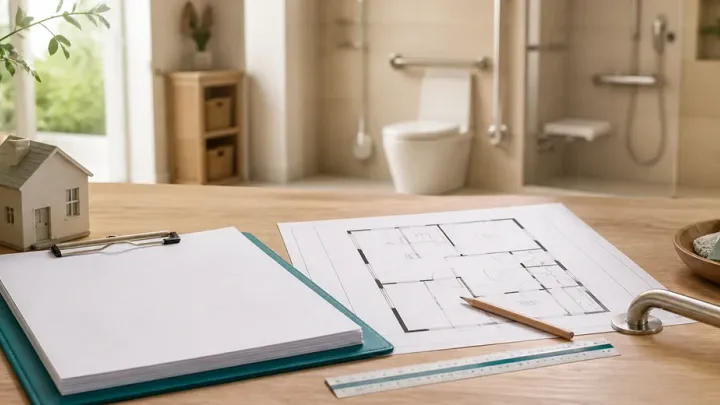 Dossier de demande, plan de logement et barre d’appui devant une salle de bain adaptée