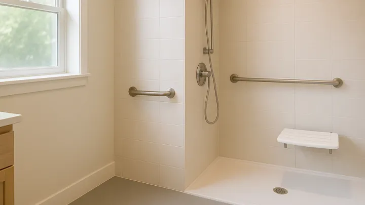 Douche de plain-pied avec siège et barres d’appui dans une salle de bain claire