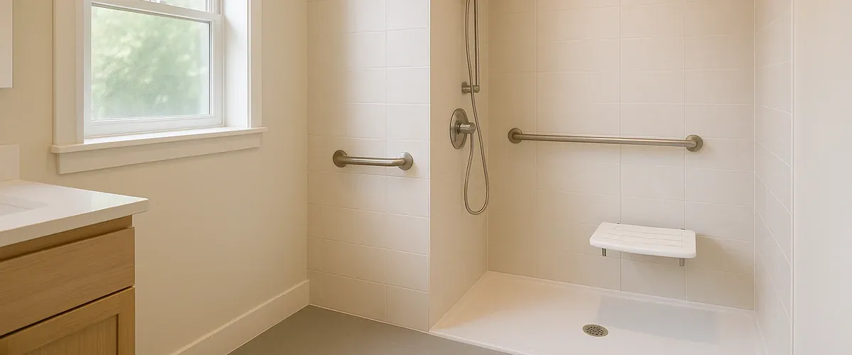 Douche de plain-pied avec siège et barres d’appui dans une salle de bain claire