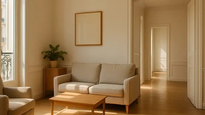 Séjour lumineux avec circulation dégagée et tapis fixé au sol