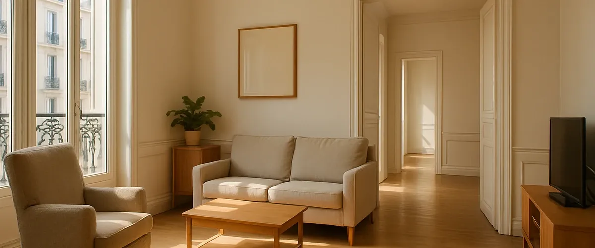 Séjour lumineux avec circulation dégagée et tapis fixé au sol