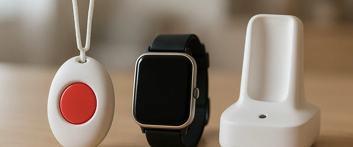 Bracelet de téléassistance avec bouton d’appel posé sur une table