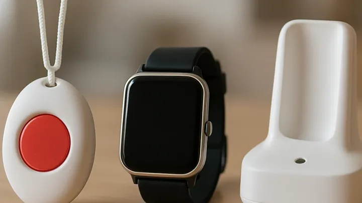 Bracelet de téléassistance avec bouton d’appel posé sur une table